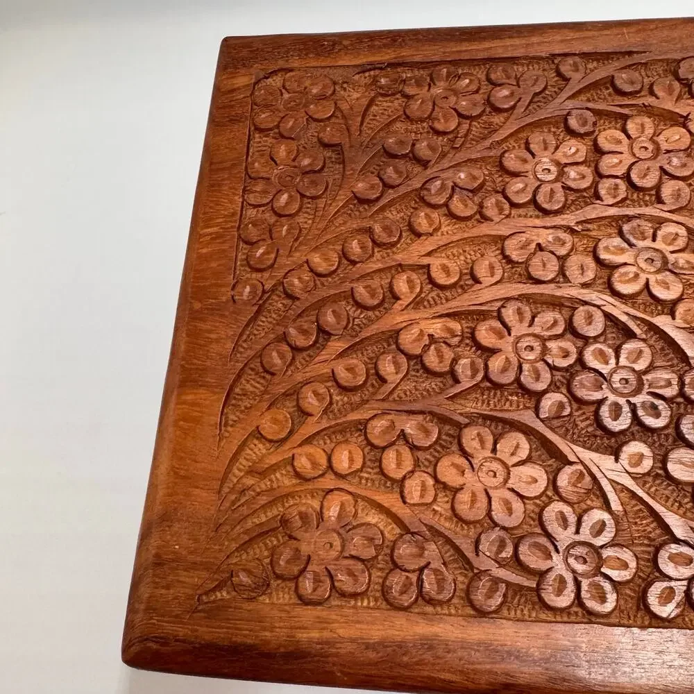 Carved Wood Floral Keepsake Box Sliding Lid Jewelry Trinket Storage 7.25 Inch